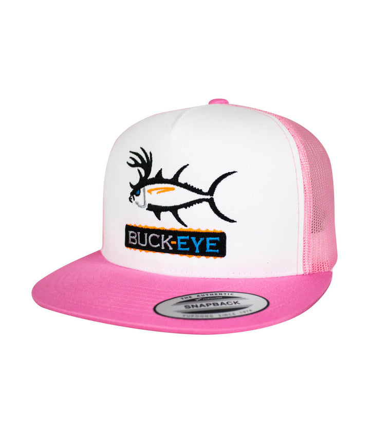 "Buck-Eye Pill" unisex snapback trucker hat with fish embroidery and pink brim, perfect for outdoor activities and fishing.