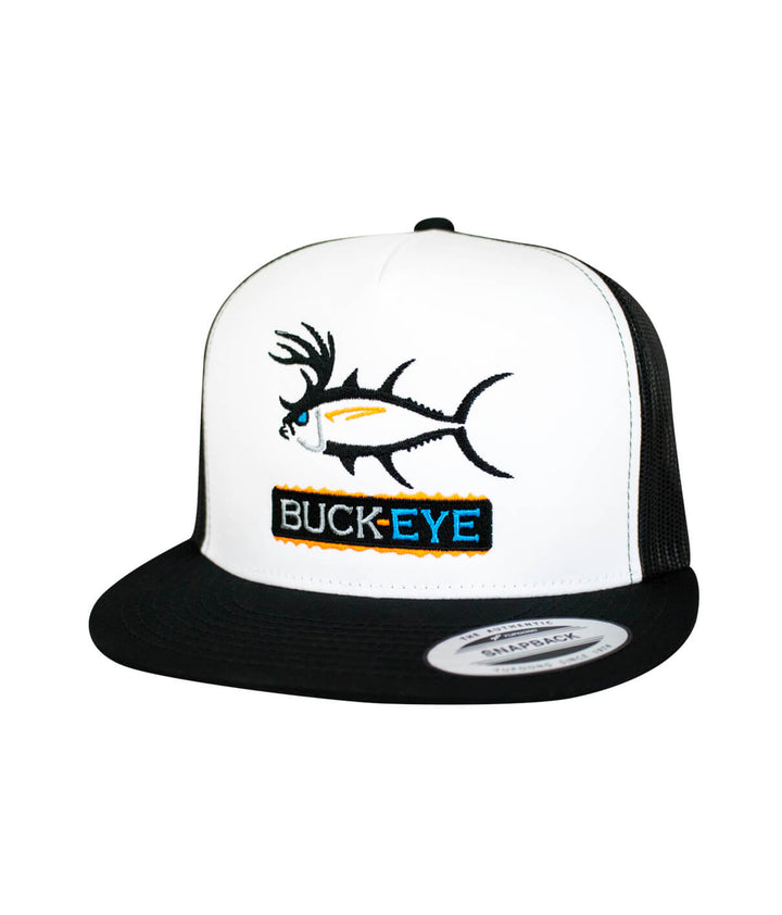 Buck-Eye Pill Unisex Snapback Trucker Hat with embroidered design front and black visor, perfect fishing hat for adults and teens.