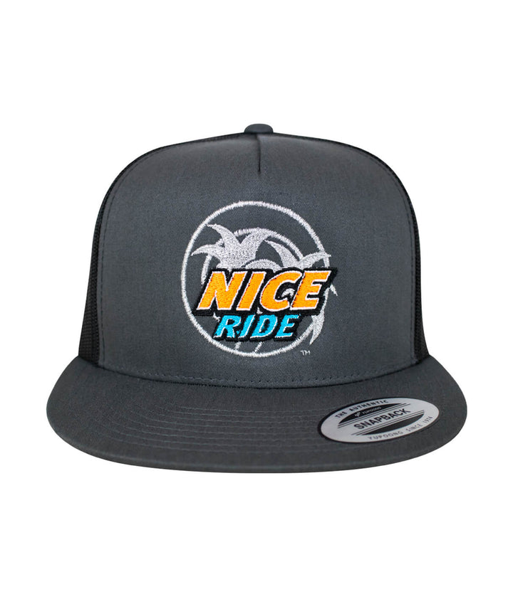 Choo Choo trucker hat featuring NICE RIDE logo, classic snapback design, perfect hat for style and comfort.