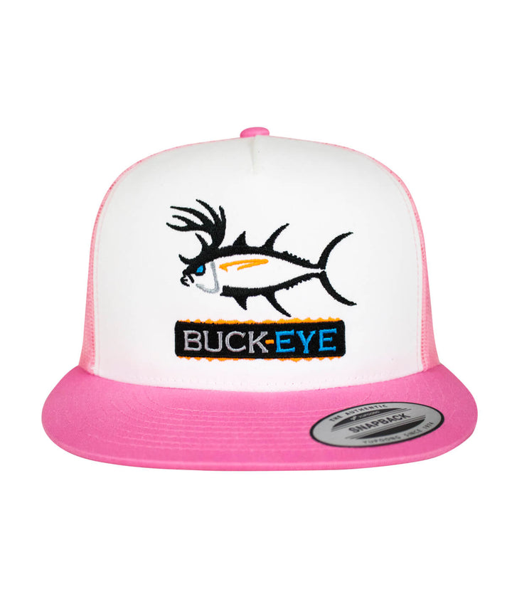 Buck-Eye Pill Unisex Snapback Trucker Hat with fish design and pink brim, perfect fishing hat for men and women.
