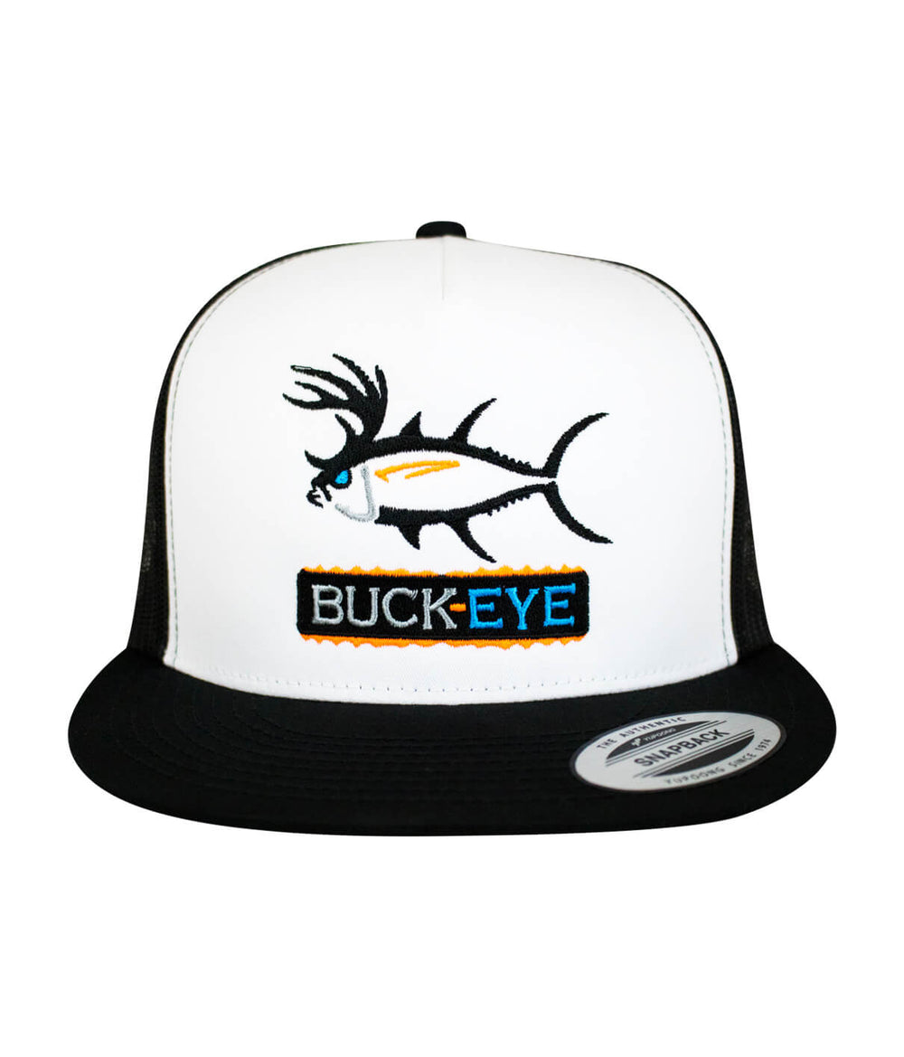 "Buck-Eye Pill" Unisex Snapback Trucker Hat featuring embroidered fish design.