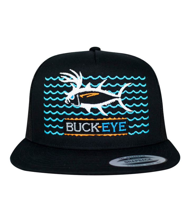 Black snapback trucker hat featuring embroidered "Buck-Eye" fish design over blue wave pattern.