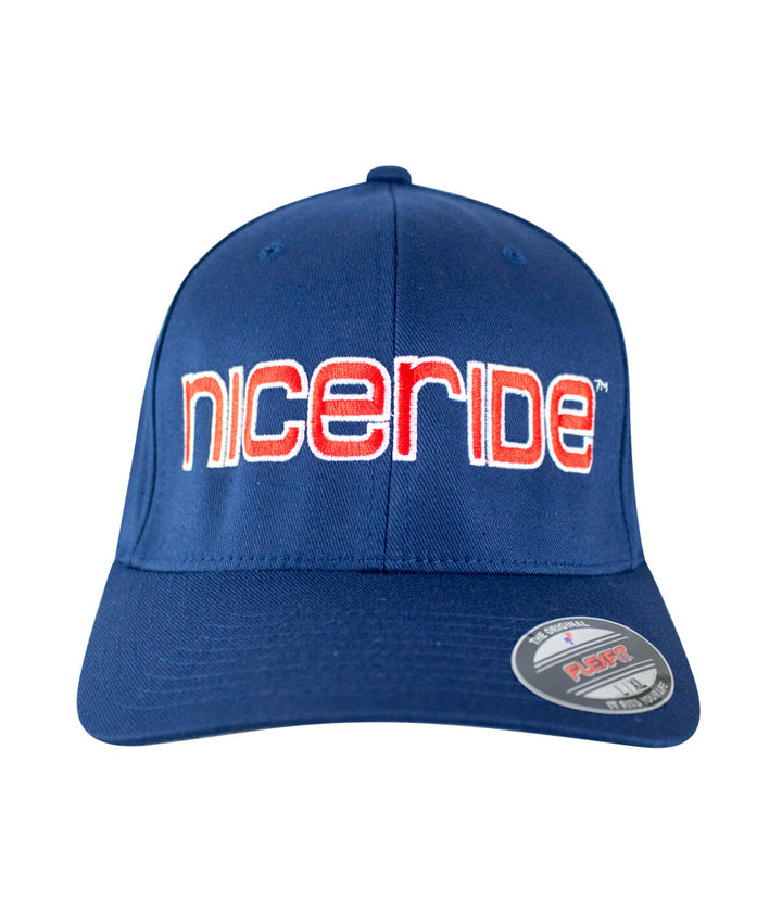 Niceride Bold Tower Classic Flexfit hat, navy blue baseball cap with embroidered logo on front.