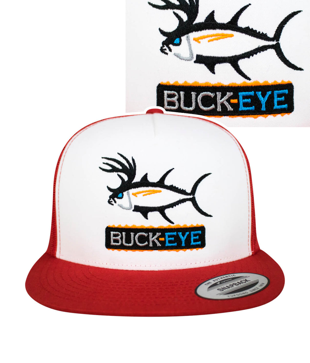 "Buck-Eye Pill" unisex snapback trucker hat featuring embroidered fish design, ideal hat for fishing.