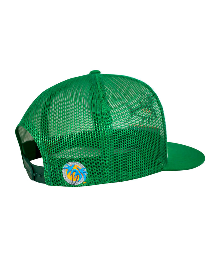 Buck-Eye Pill unisex snapback trucker hat with palm logo, green mesh back, perfect for outdoor activities.