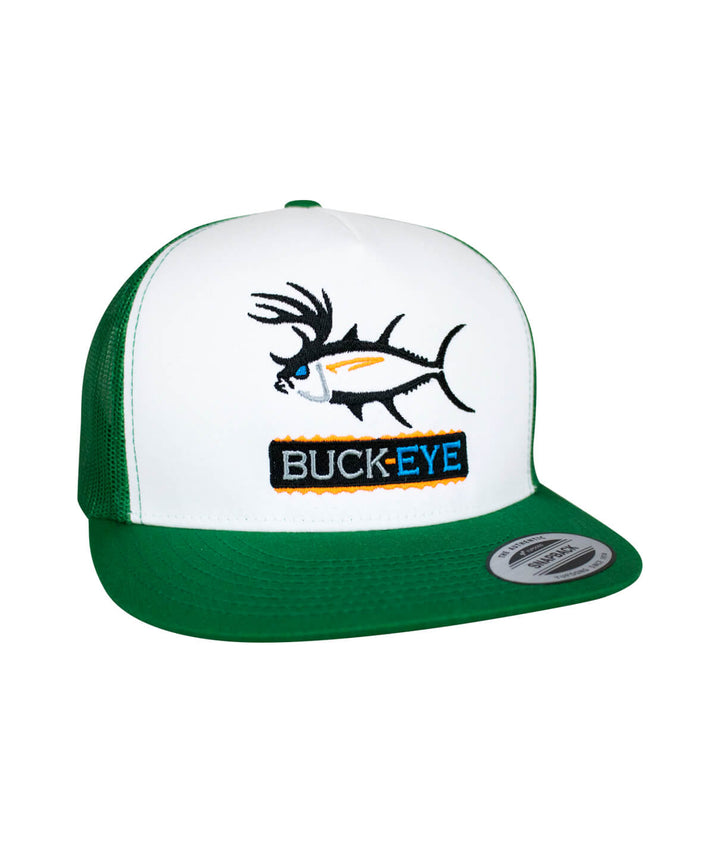Buck-Eye Pill Unisex Snapback Trucker Hat with fishing design, perfect hat for outdoor activities.