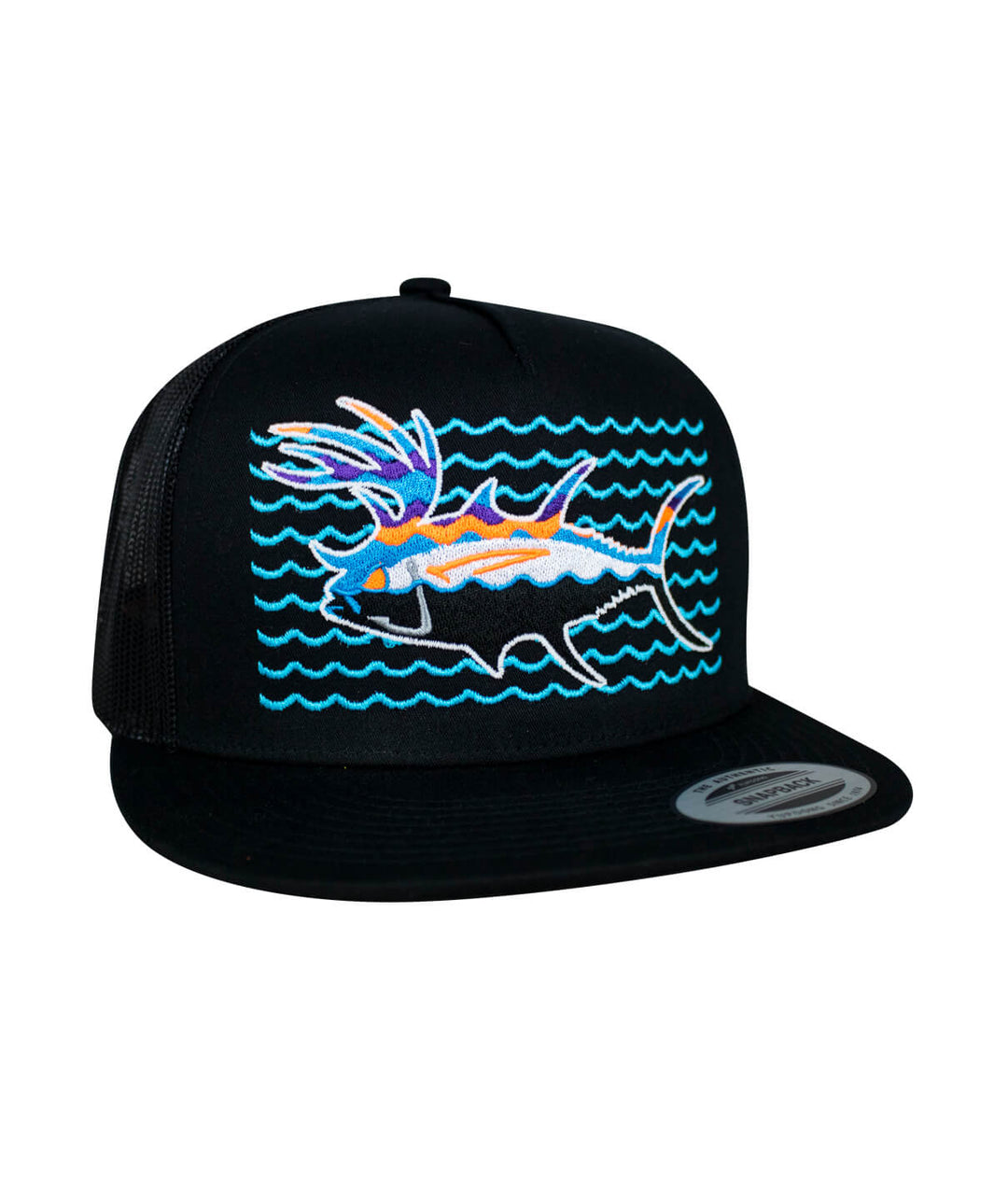 Buck- Eye Explorer on the Water unisex snapback trucker hat featuring an embroidered fish design.