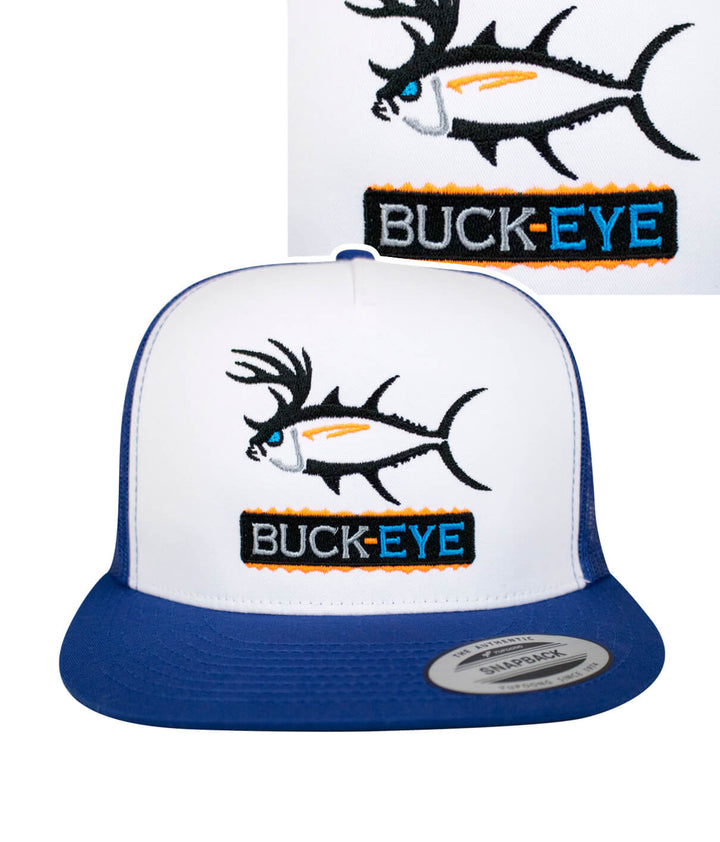 Buck-Eye Pill unisex snapback trucker hat featuring embroidered fish design and logo, ideal hat for outdoor activities.