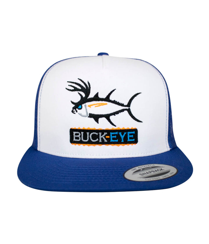 Buck-Eye Pill Unisex Snapback Trucker Hat featuring fish design and logo, perfect hat for outdoor activities.
