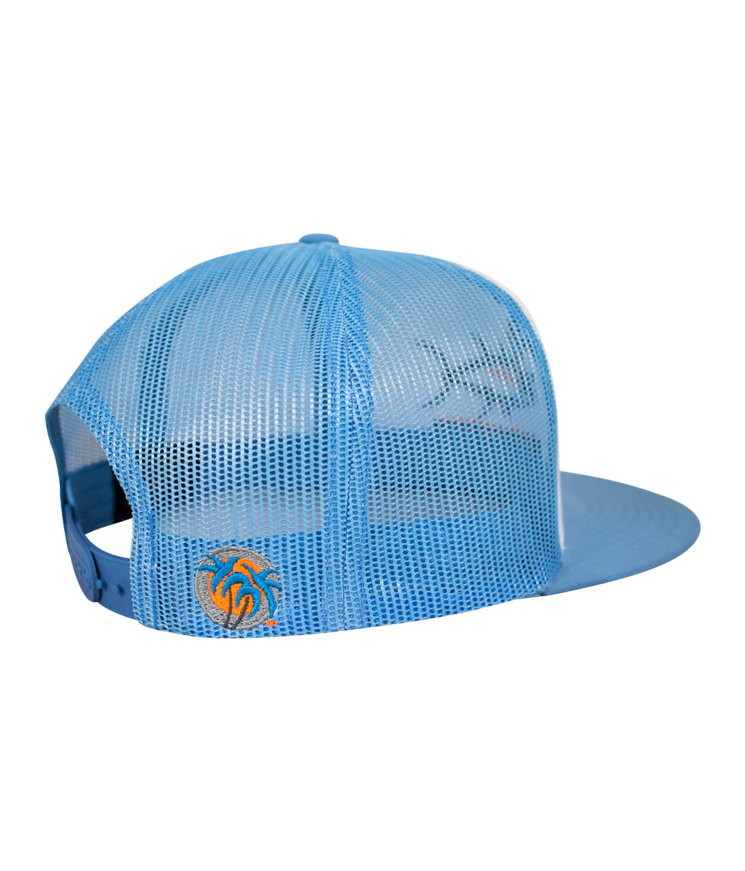 Buck-Eye Pill unisex snapback trucker hat showing the back in light blue with NICERIDE logo.