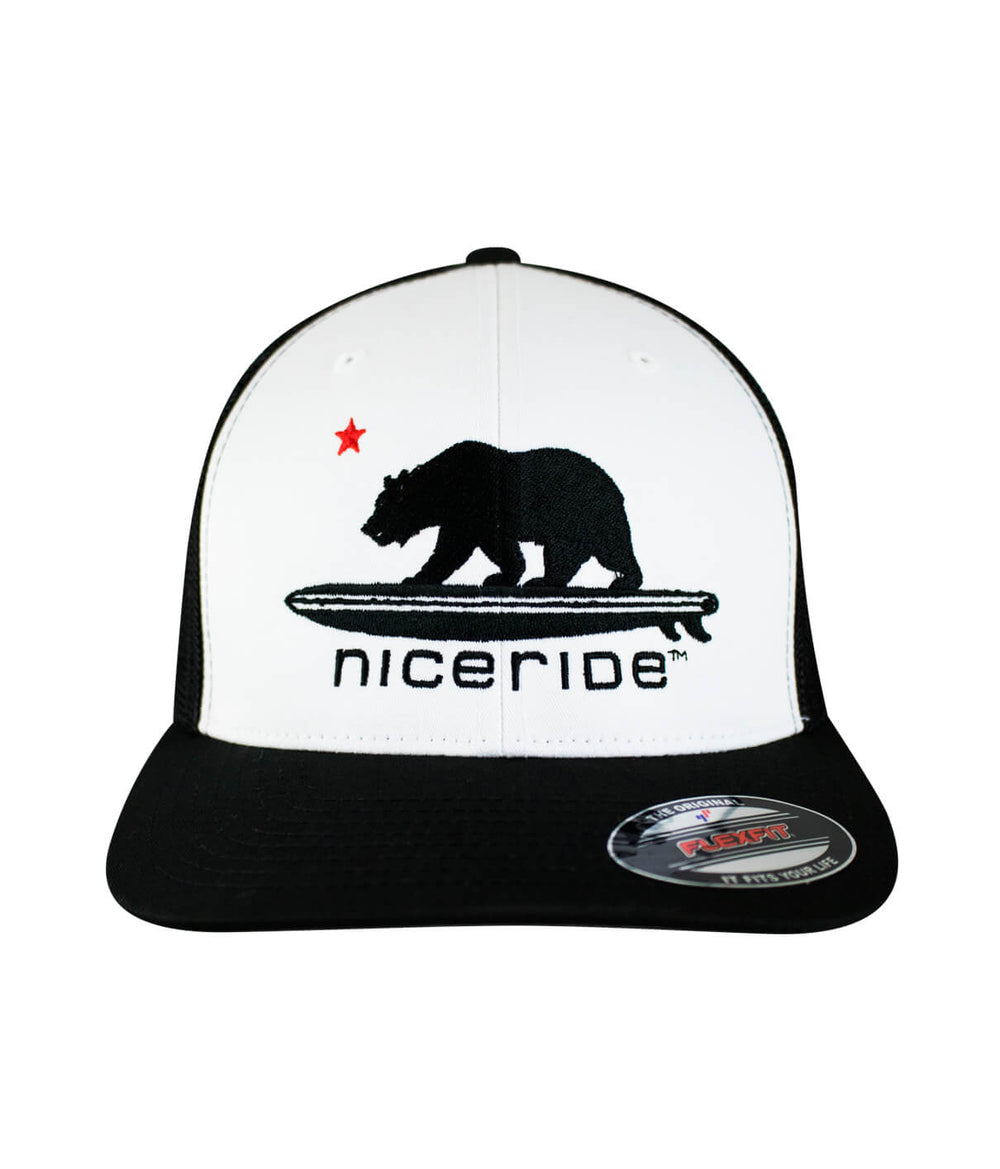 Hang 20 Meshback Flexfit Hat with embroidered bear design and black visor.
