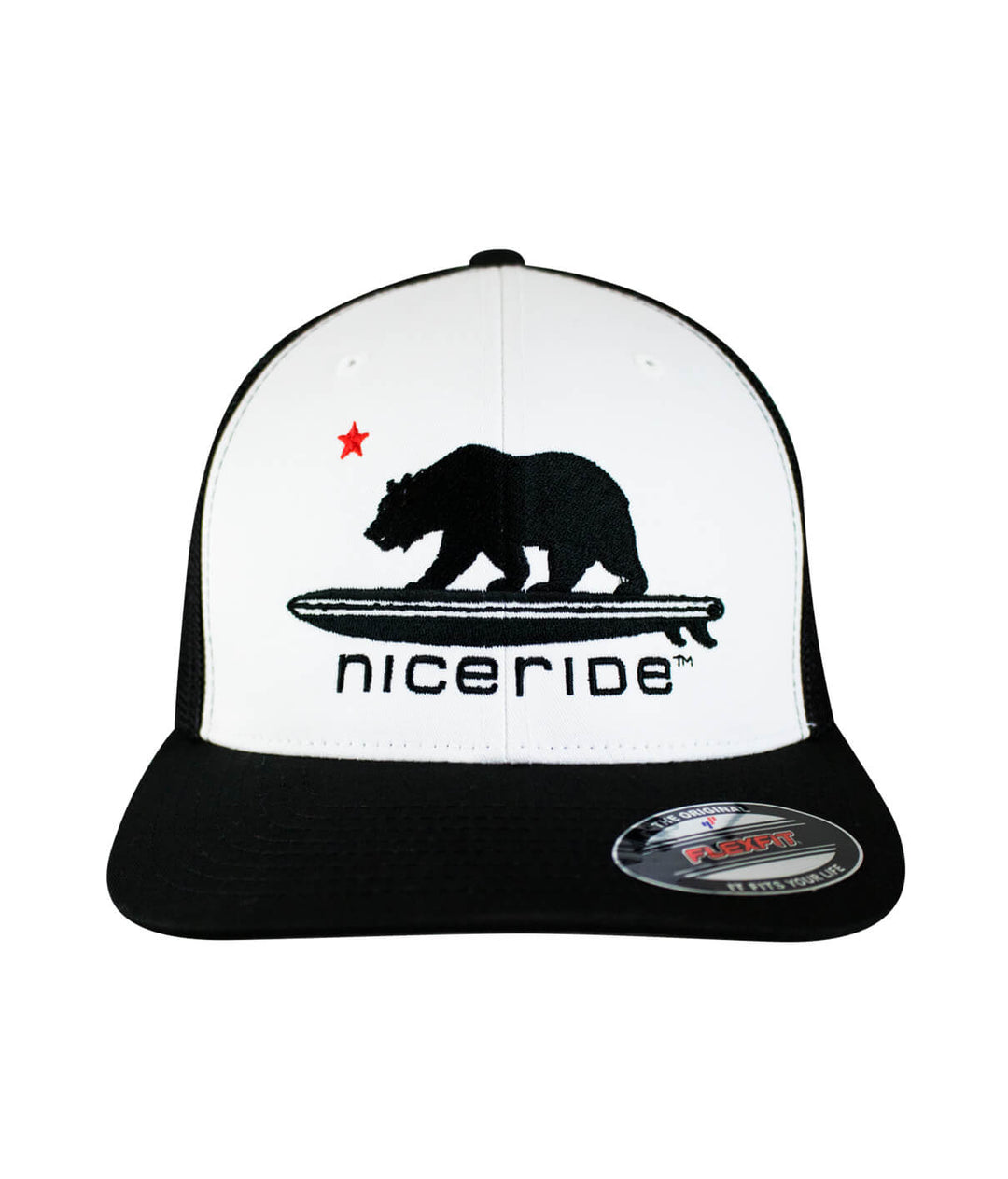 Hang 20 Meshback Flexfit Hat with embroidered bear design and black visor.