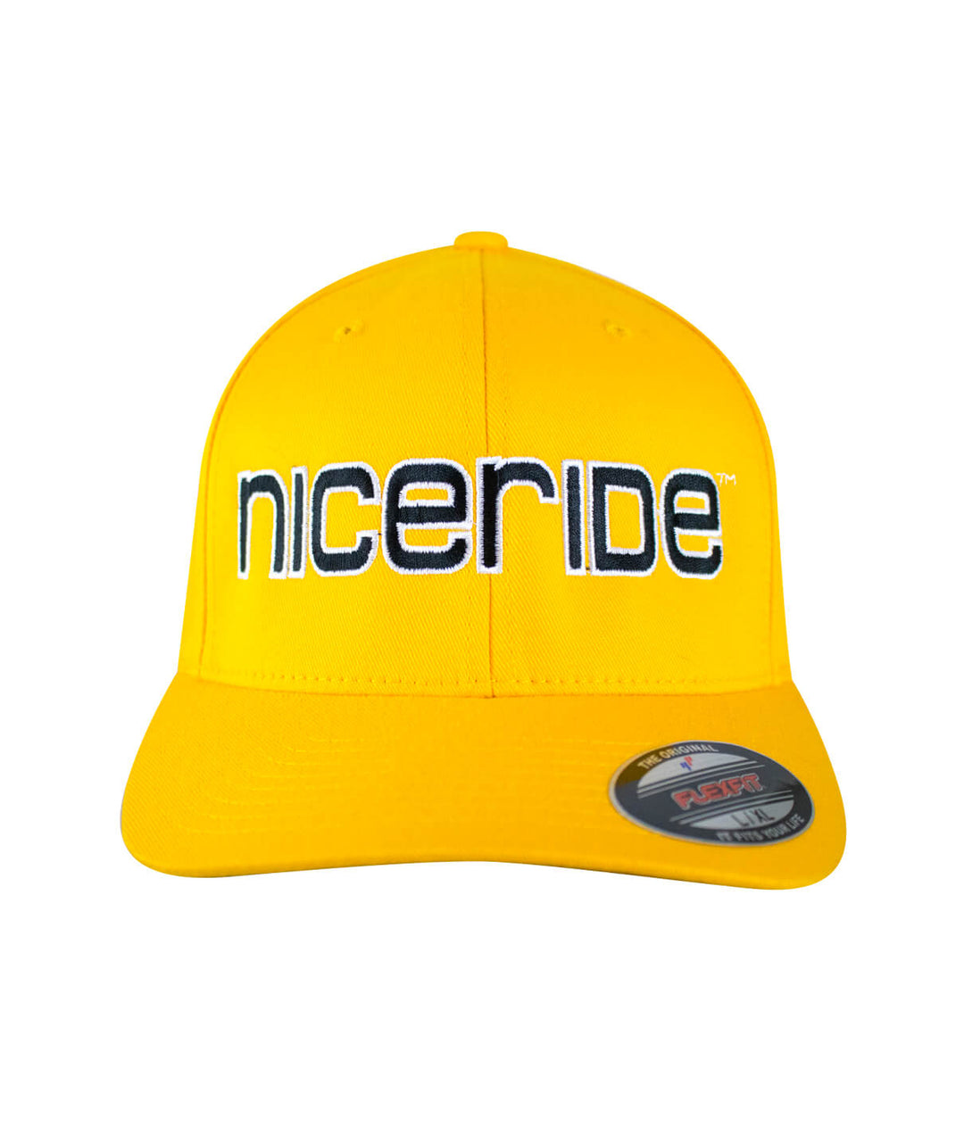 Classic Flexfit hat in bright yellow with NICERIDE logo embroidered on the front, perfect for casual wear.