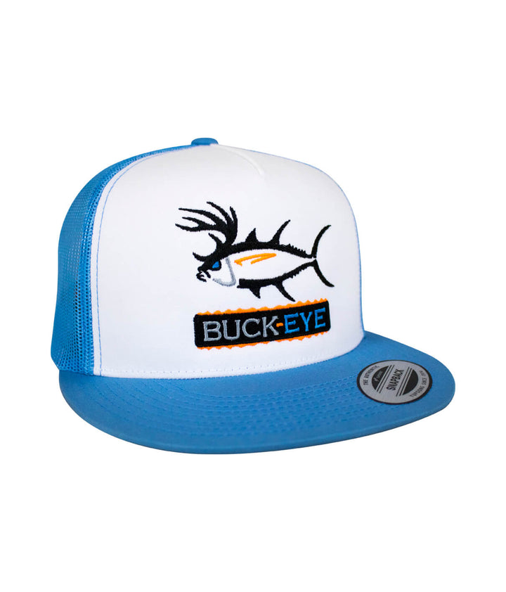 "Buck-Eye Pill" Unisex Snapback Trucker Hat with embroidered design, ideal for outdoor activities.
