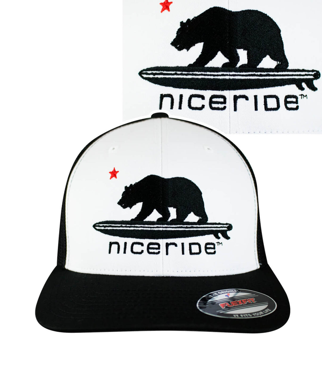 Hang 20 Meshback Flexfit Hat with NICERIDE design and black bear embroidery, featuring a classic palm logo.
