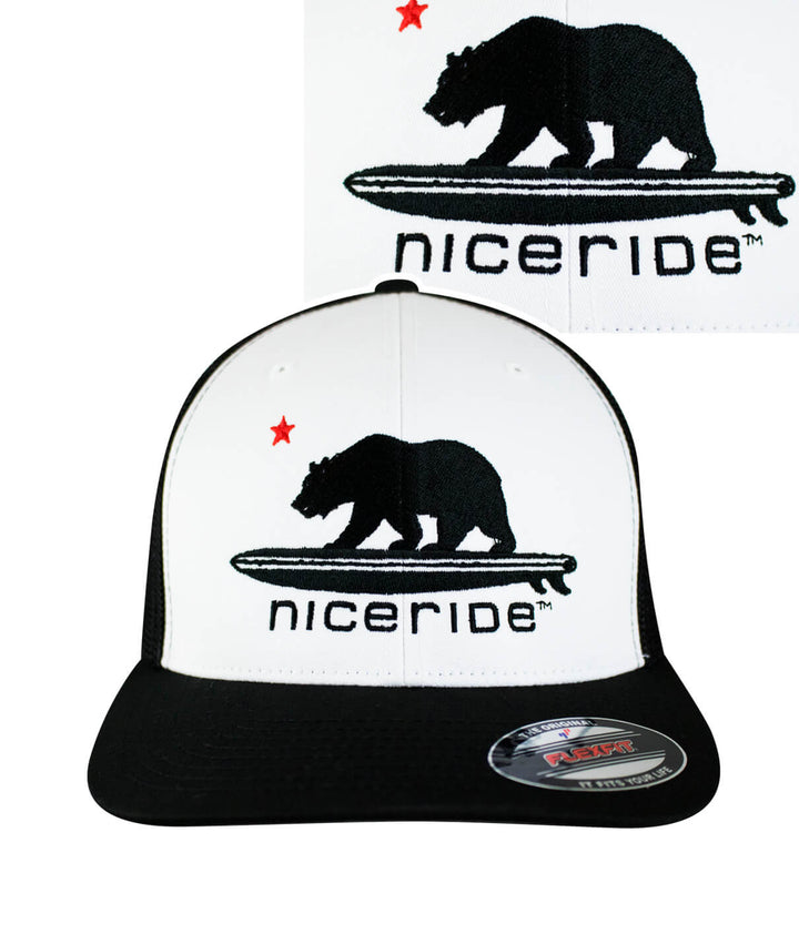 Hang 20 Meshback Flexfit Hat with NICERIDE design and black bear embroidery, featuring a classic palm logo.