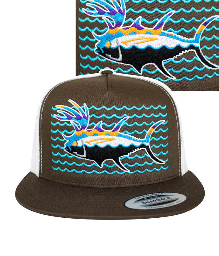 Buck-Eye Explorer on the Water unisex snapback trucker hat featuring colorful fish embroidery and wave design.