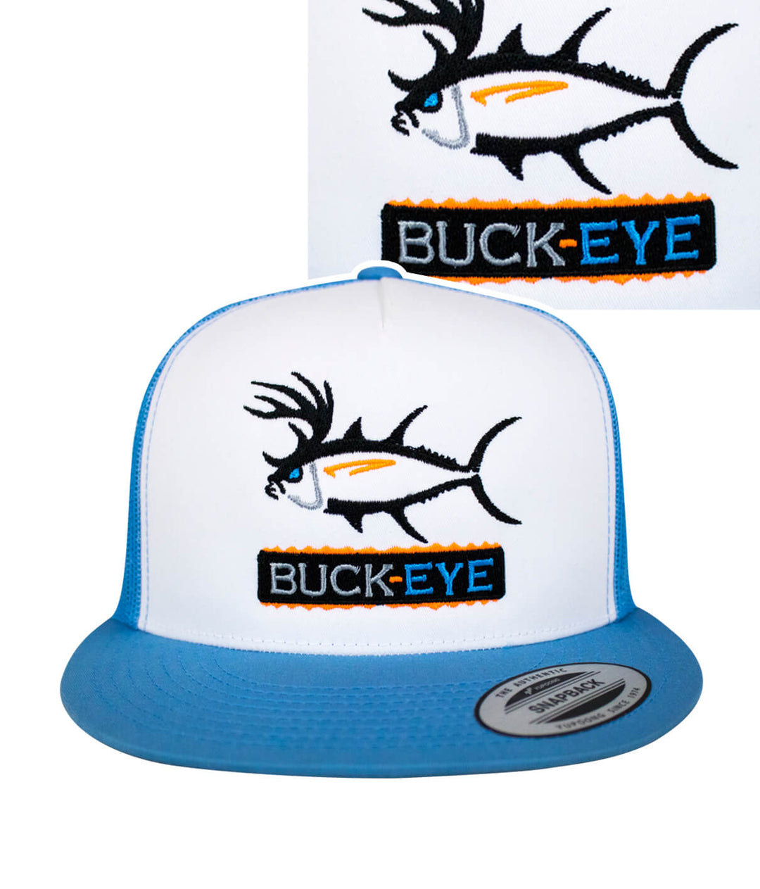 "Buck-Eye" unisex snapback trucker hat featuring an embroidered fishing design and logo, ideal fishing hat.
