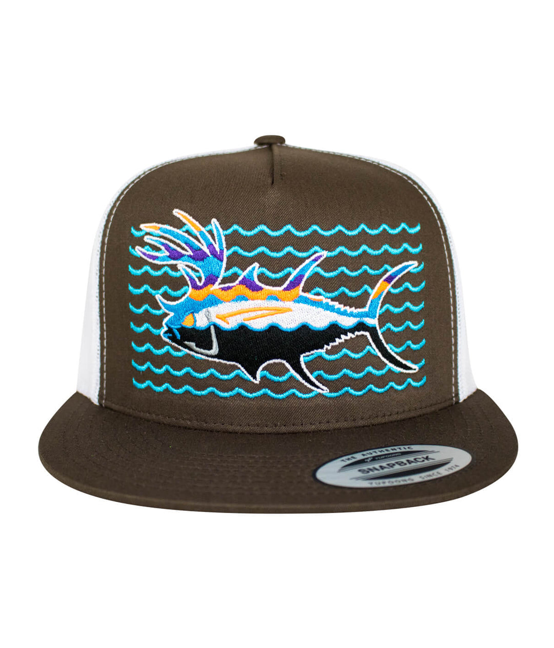 Buck-Eye Explorer on the Water unisex snapback trucker hat with colorful fish design and waves.