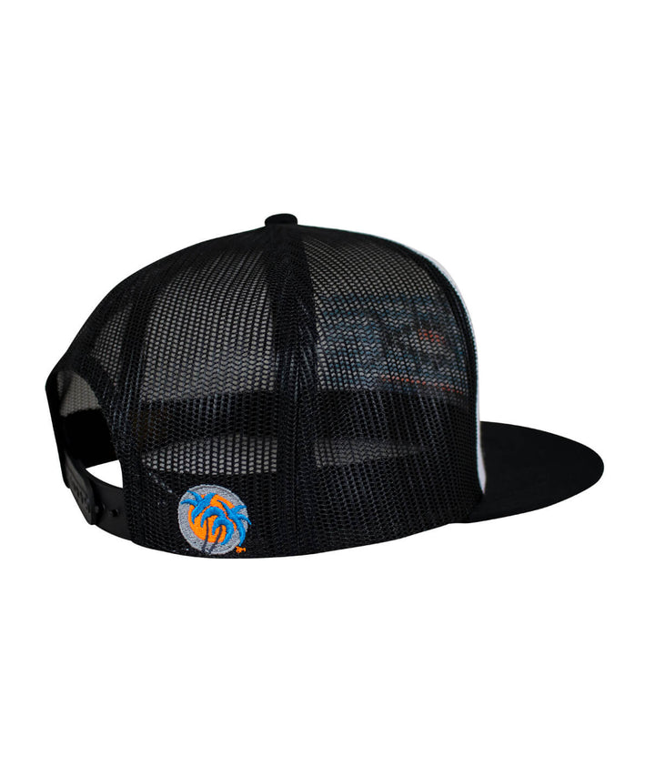 Back view of the Buck-Eye on the Water unisex snapback trucker hat showcasing its mesh design and colorful logo.
