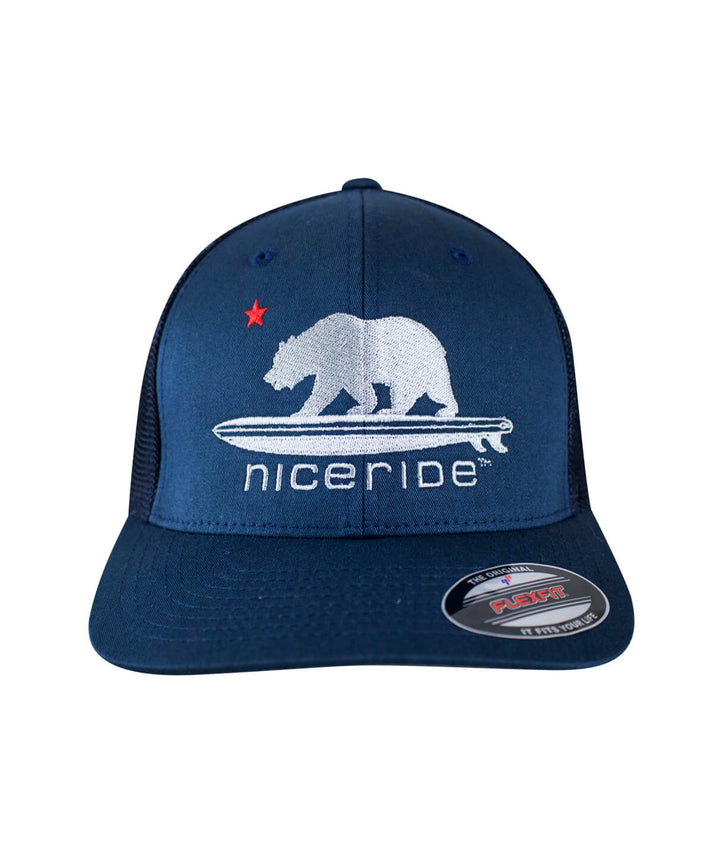 Hang 20 Meshback Flexfit Hat featuring NICERIDE bear logo and surfboard design, a stylish hat for outdoor adventures.