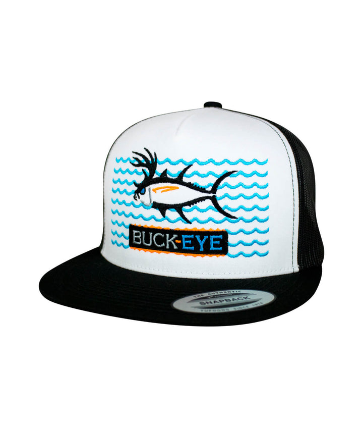 Buck-Eye on the Water unisex snapback trucker hat with fish design and waves embroidery.