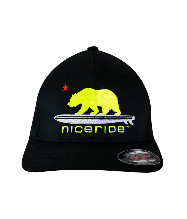 Hang 20 Classic Flexfit hat in black with neon yellow bear logo and NICERIDE branding.