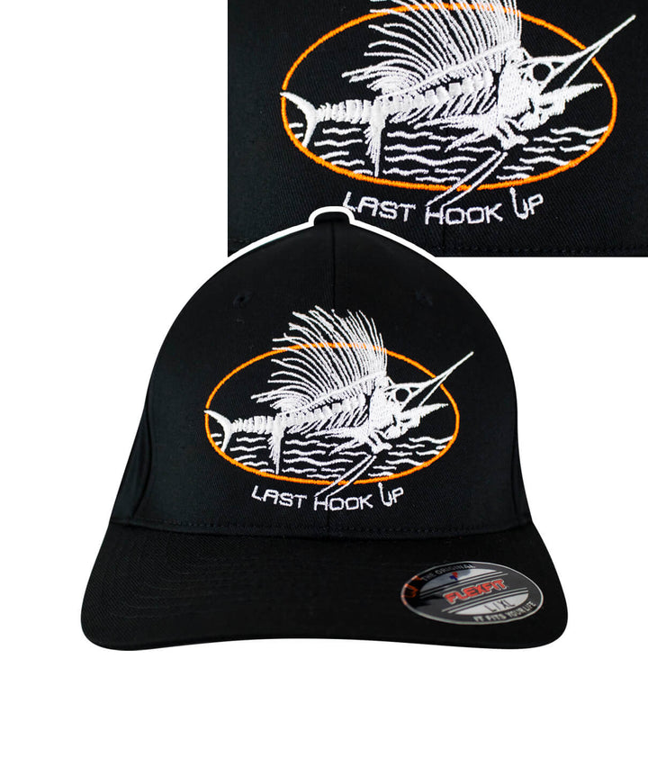 A black flexfit cap with a fish skeleton embroidered on it.