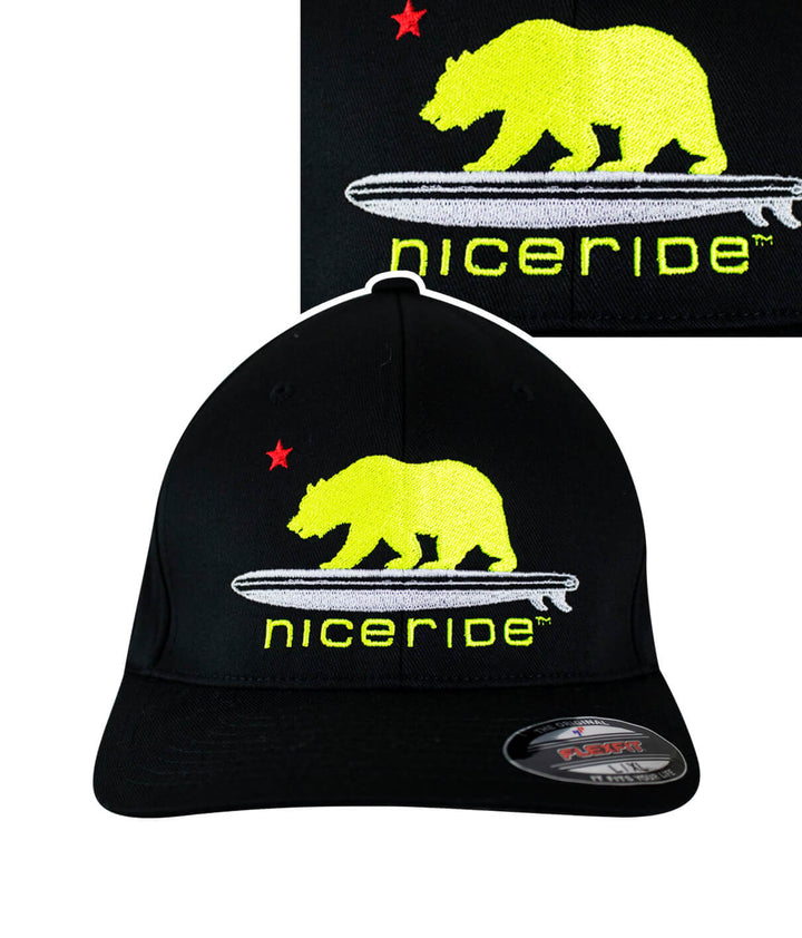 Hang 20 - Neon Yellow Classic Flexfit Hat featuring NICERIDE logo and bear design embroidered on black cap.