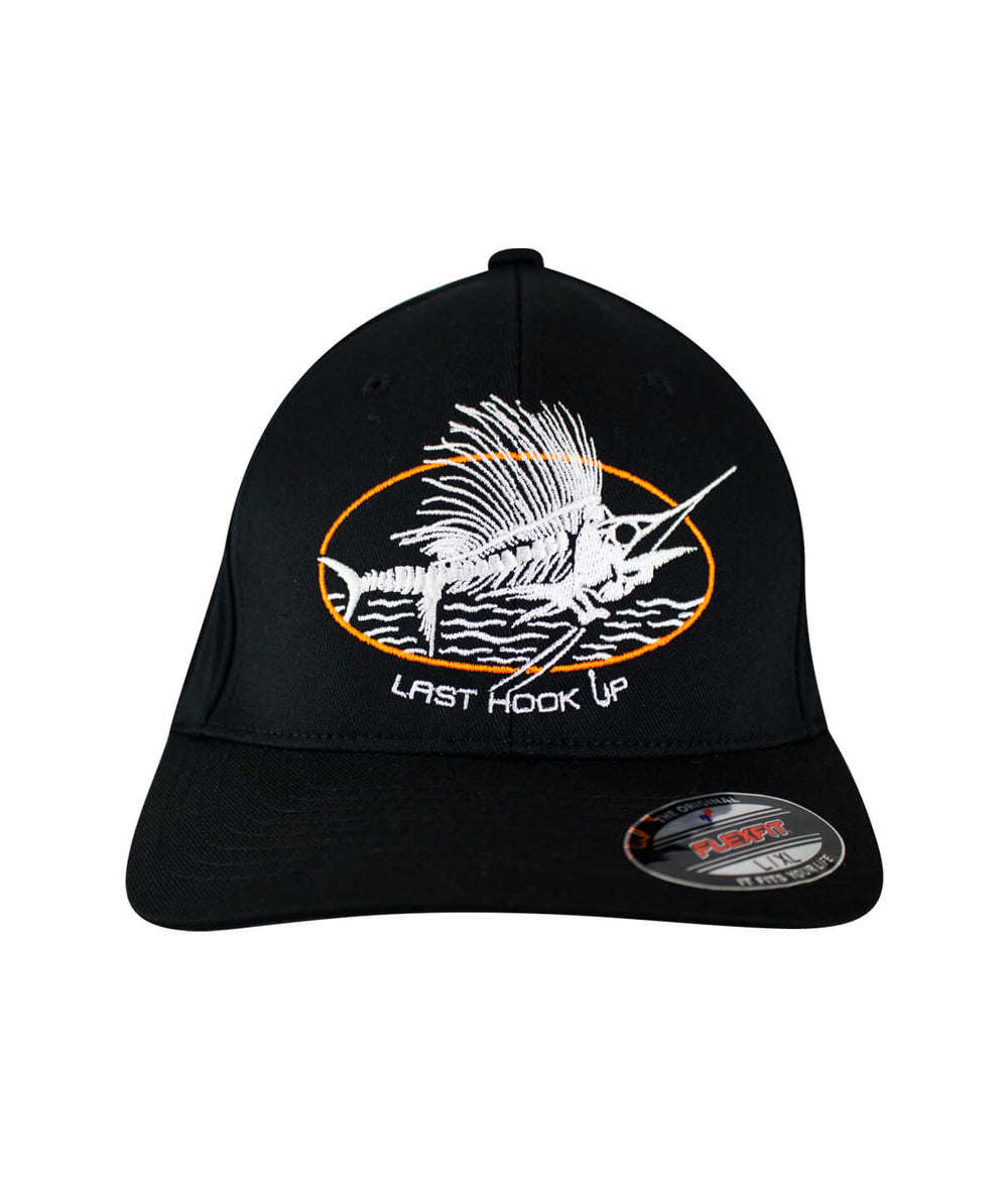 Classic Flexfit hat with 'Last Hook Up' design and embroidered logo, perfect for fishing enthusiasts.
