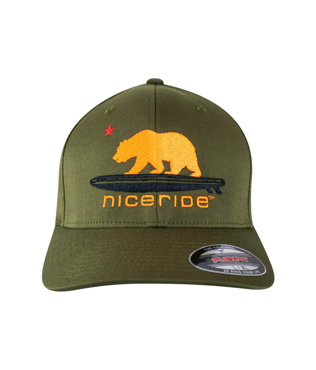 Hang 20 neon orange hat with embroidered bear logo and NICERIDE branding on a classic flexfit design.