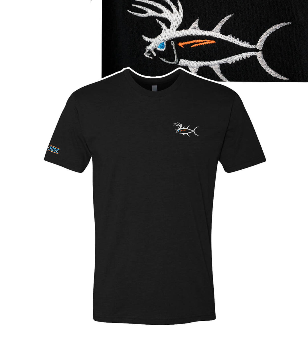 A men's black t-shirt with a fish embroidered on it.