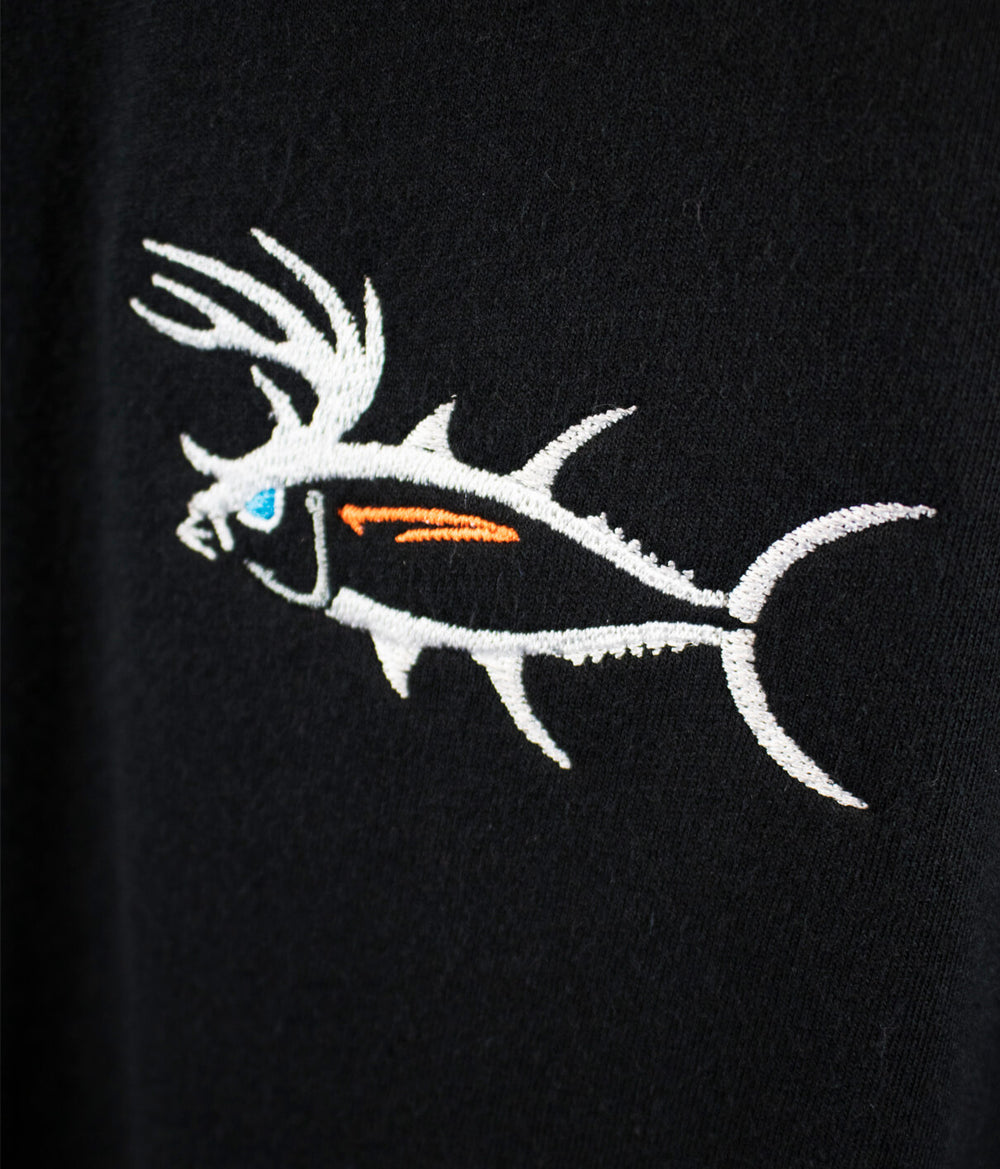 BUCK-EYE embroidered design on men's black shirt featuring a detailed fish graphic.