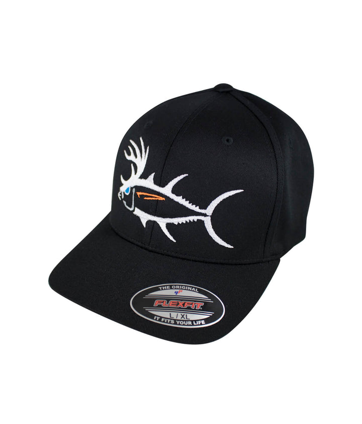Black baseball cap featuring a fish design, perfect for outdoor activities and fishing enthusiasts.