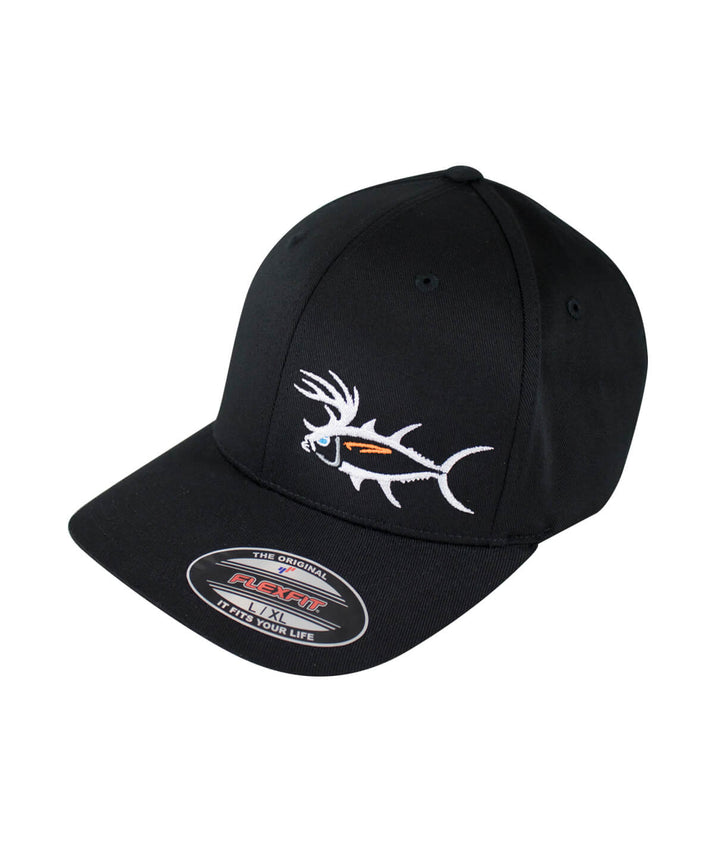 Black baseball cap with embroidered fishing design, perfect hat for outdoor activities and fishing.