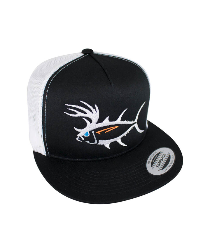 "Buck-Eye" Unisex Trucker Hat, snapback design with embroidered fish, perfect fishing hat for men and women.