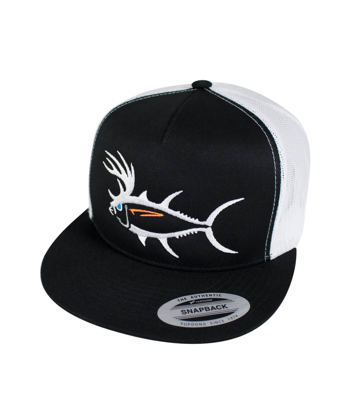 "Buck-Eye" Unisex Trucker Hat, classic snapback design with fish embroidery, perfect fishing hat for outdoor activities.