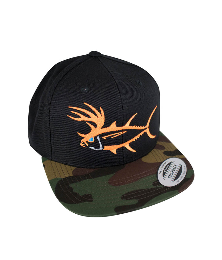 Buck-Eye Evening Glow unisex flatbill snapback hat featuring a fish design and camo brim, perfect for fishing activities.