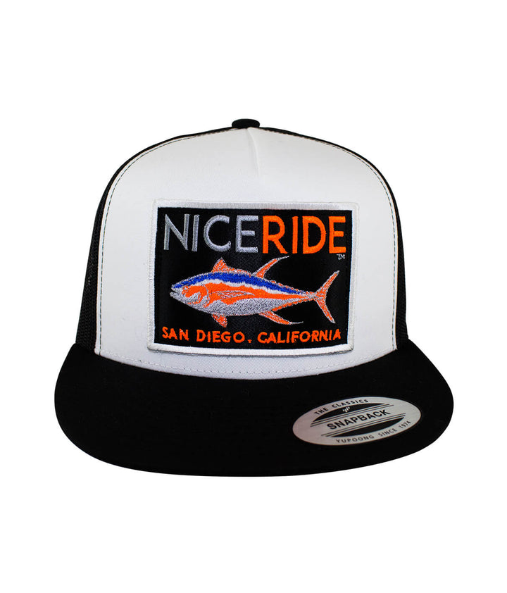 Sorry Charlie Patch trucker hat featuring NICERIDE embroidered logo and palm design, perfect for stylish outdoor wear.