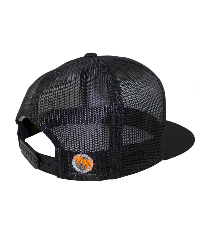 Back view of Sorry Charlie Patch trucker hat featuring black mesh and embroidered palm logo with orange leaves.