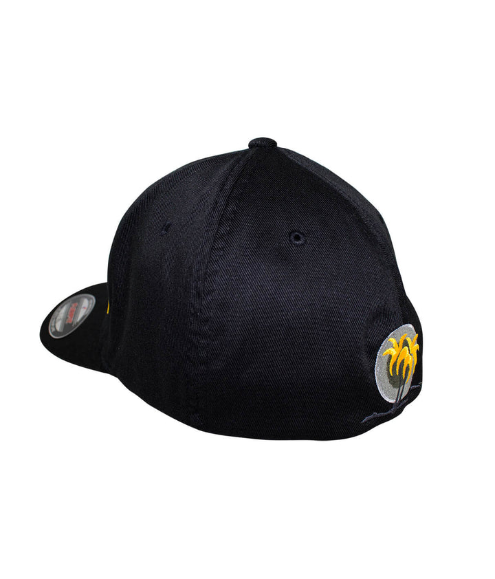 back view of NICERIDE WAY Classic Flexfit hat featuring black palm logo with orange leaves embroidered