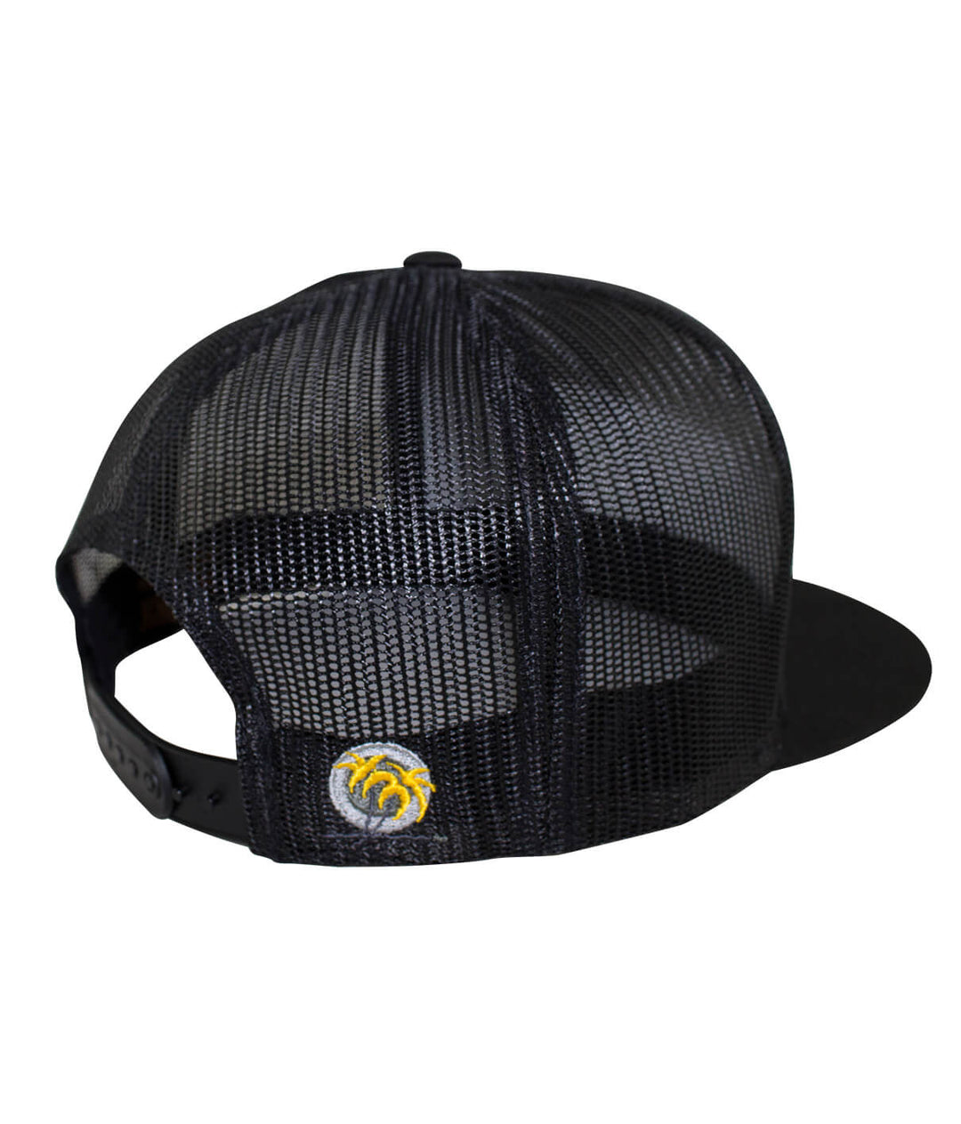 Back view of the NICERIDE WAY Trucker Hat showing the black mesh and embroidered palm logo with neon orange leaves.