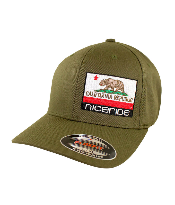 California Flag Classic Flexfit Hat in olive green with embroidered California Republic patch and NICERIDE logo.