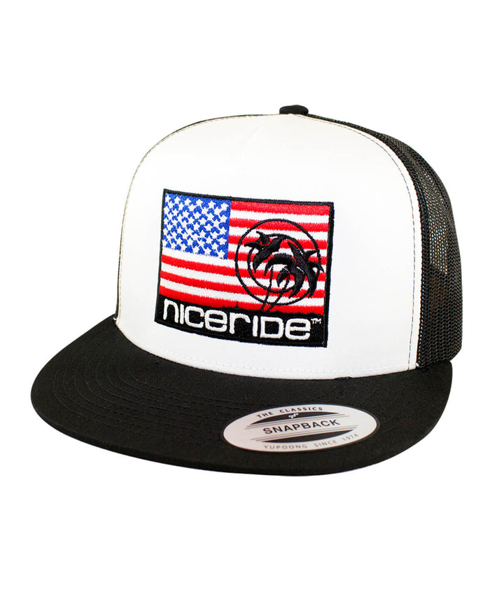 Niceride Pride trucker hat with American flag design and blacked out palm logo, a stylish cap for any occasion.