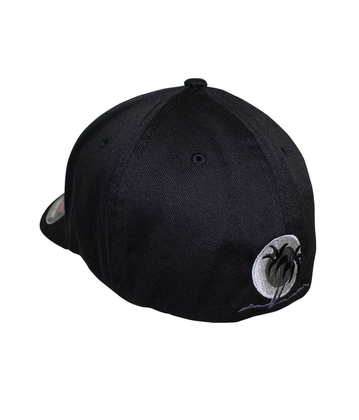 Back view of the NR Black Classic Flexfit hat featuring blacked out classic palm logo embroidery.