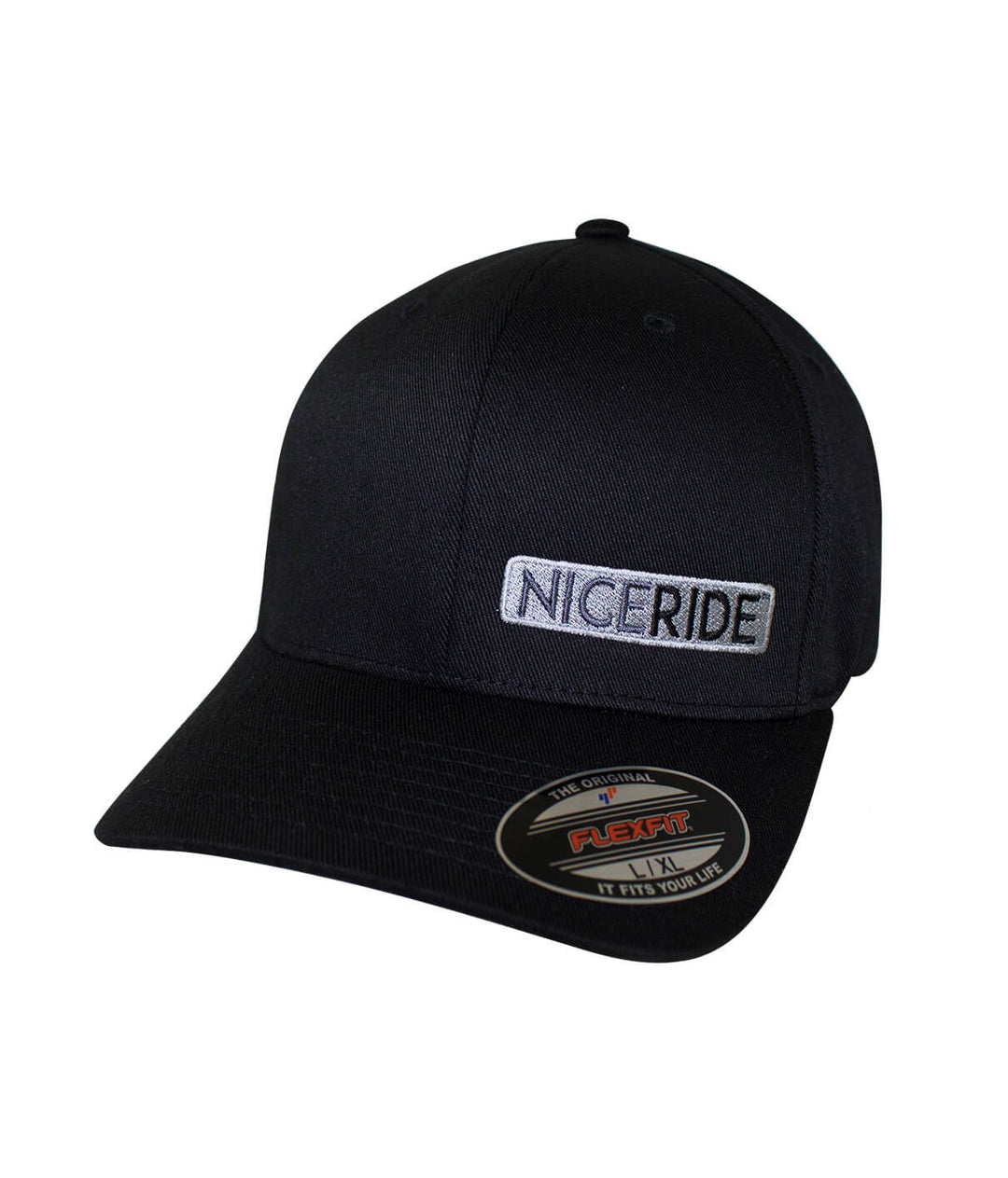 NR Black Classic Flexfit Hat featuring NICERIDE embroidery on the front panel.