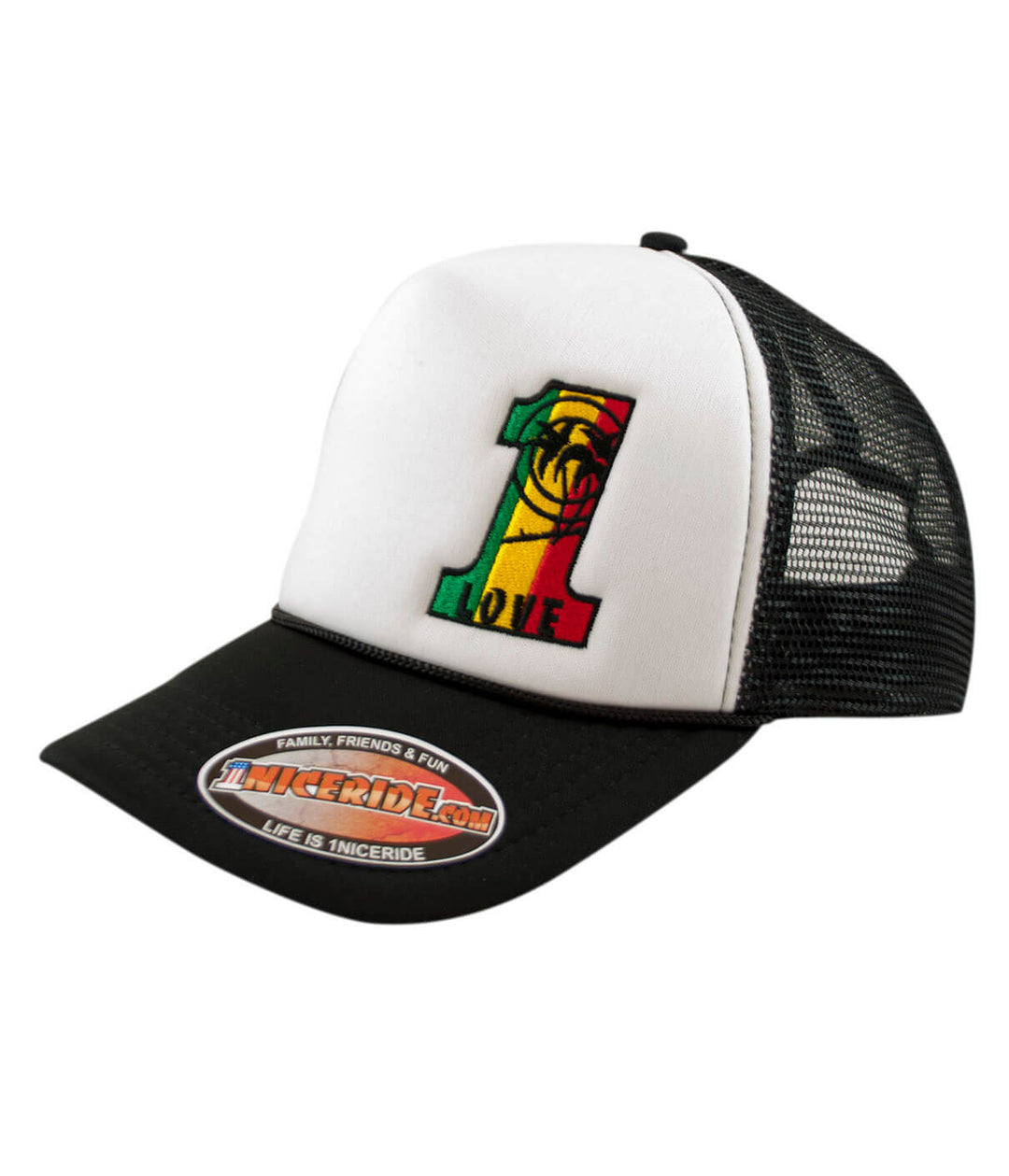 1 LOVE Foam Trucker Hat with embroidered logo on the front left panel, perfect for casual wear.