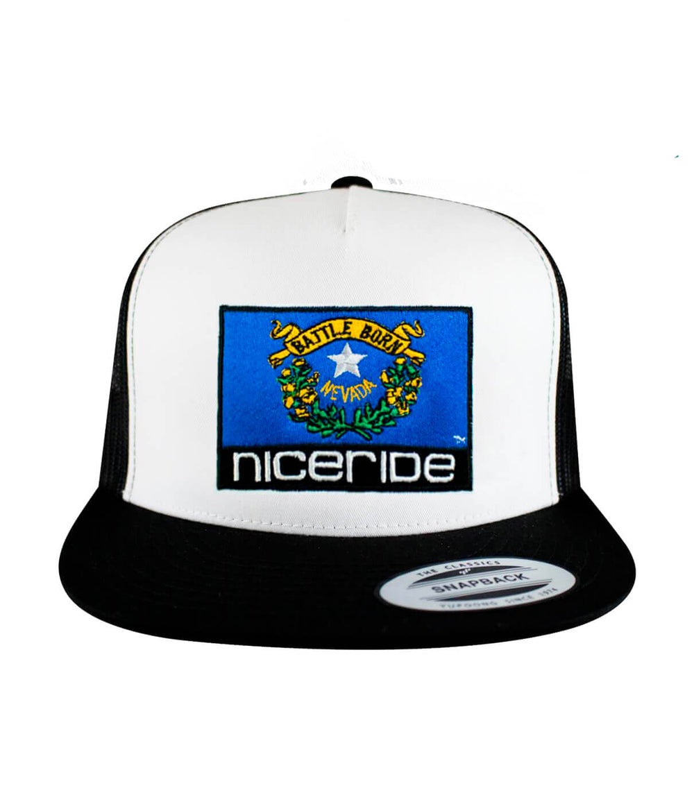 Nevada Flag Trucker Baseball Cap featuring the Nevada flag and NICERIDE logo on a classic snapback design.