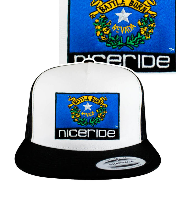 Nevada Flag Trucker Baseball Cap featuring NICERIDE embroidery and palm logo on back.