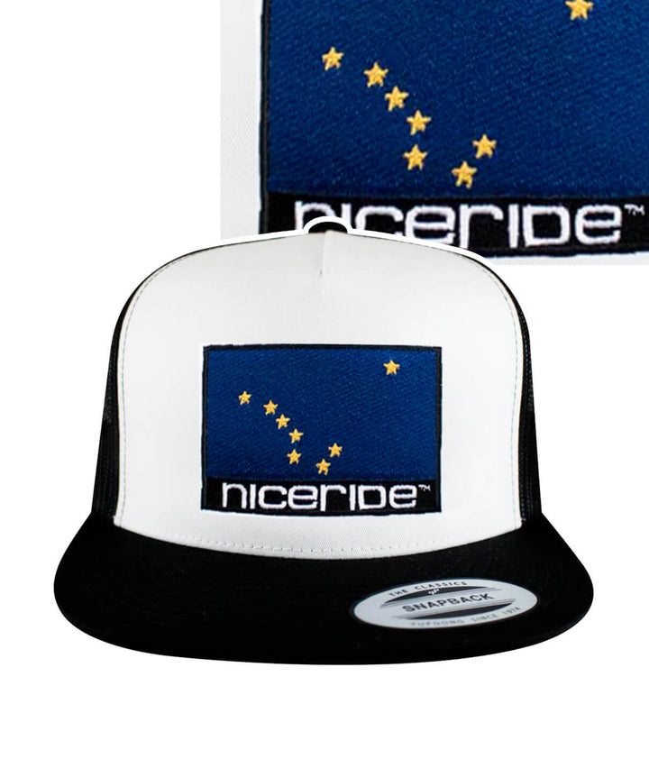 Alaska flag trucker hat with NICERIDE embroidery on front panel, classic design, perfect for outdoor activities.